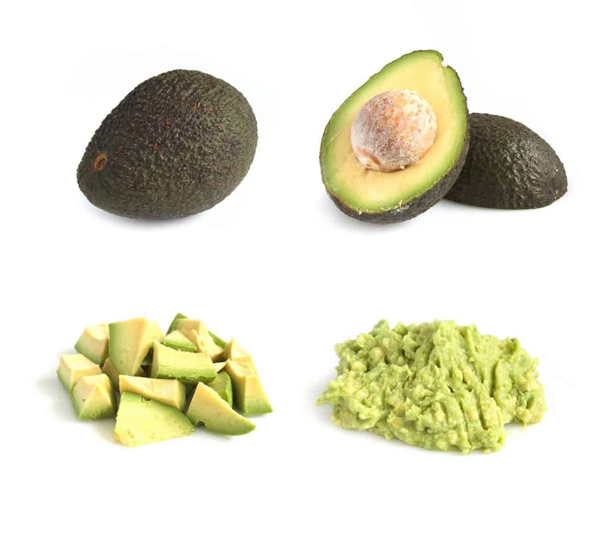 Series of avocado isolated on reflective white background