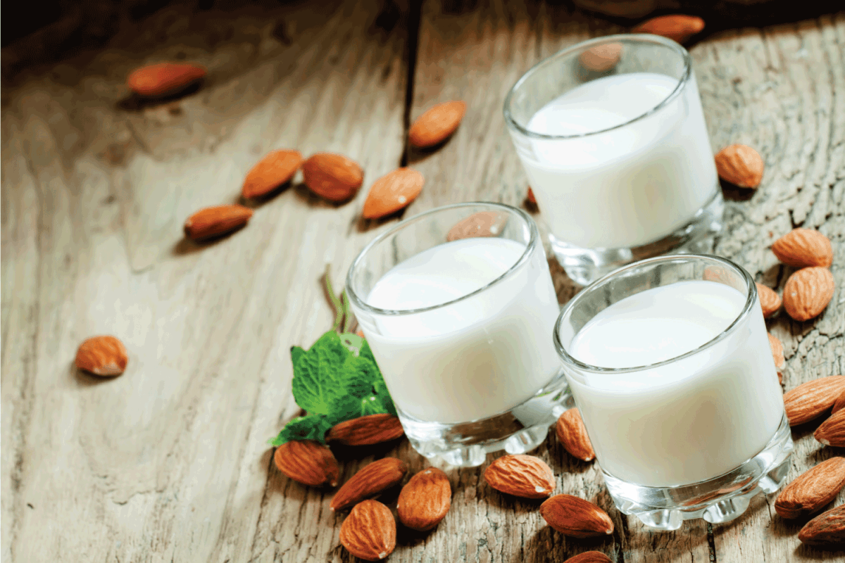 Almond milk in small glasses and spilled dry almonds