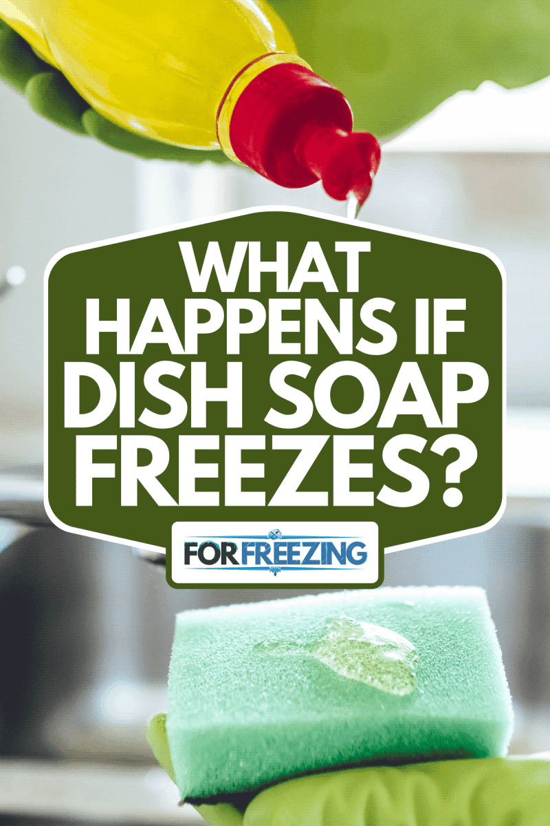 Dish soap being squeezed onto green sponge in aluminum sink, What Happens If Dish Soap Freezes?