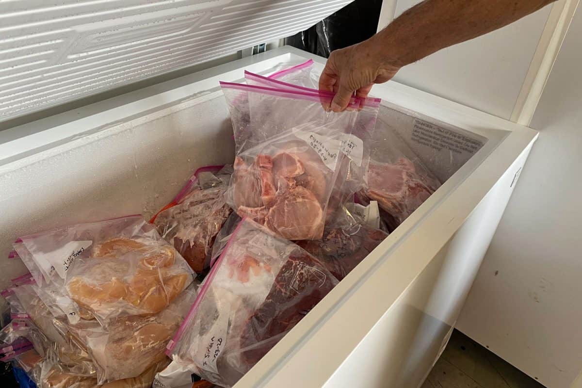 A man picking up sealed meat inside a chest freezer