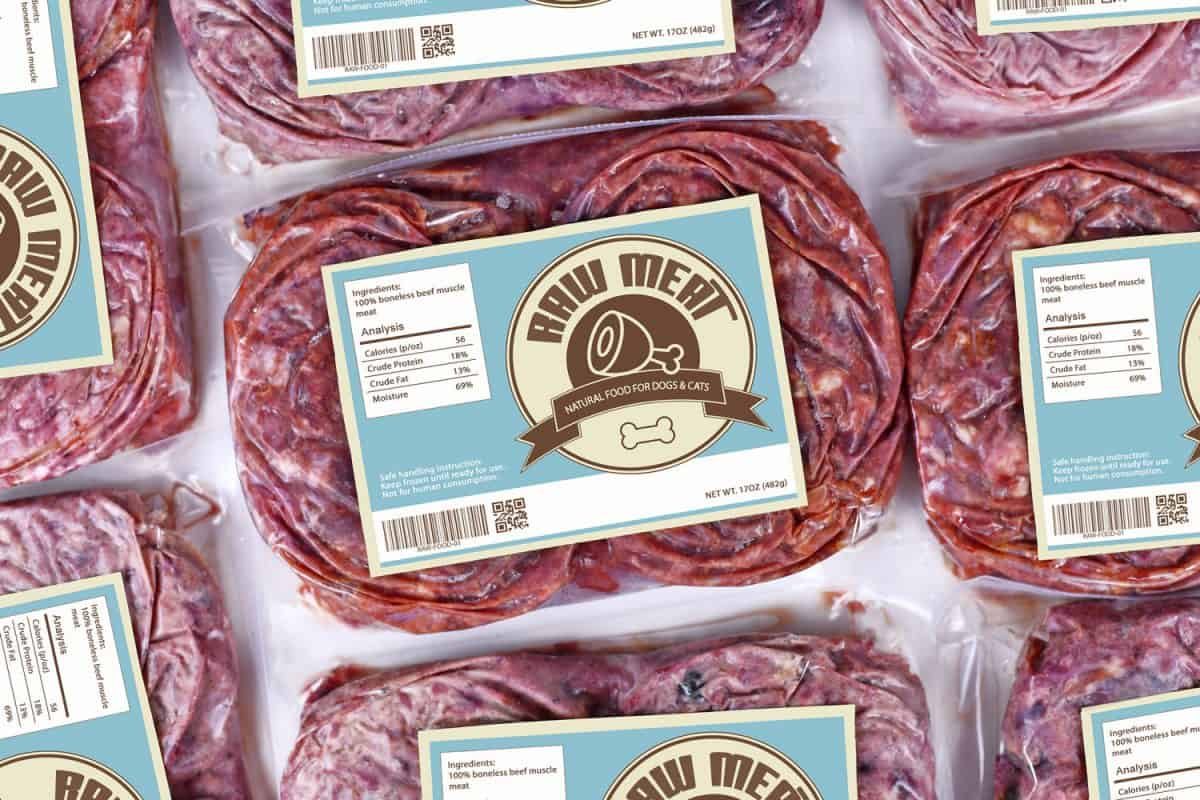 Biologically appropriate raw food for dogs or cats in packaging containing raw frozen beef meat with label