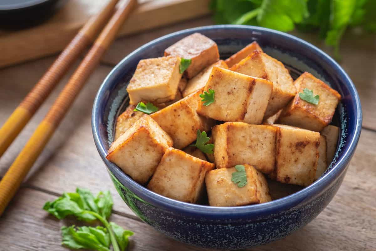 Fried tofu in bowl, Vegetarian food