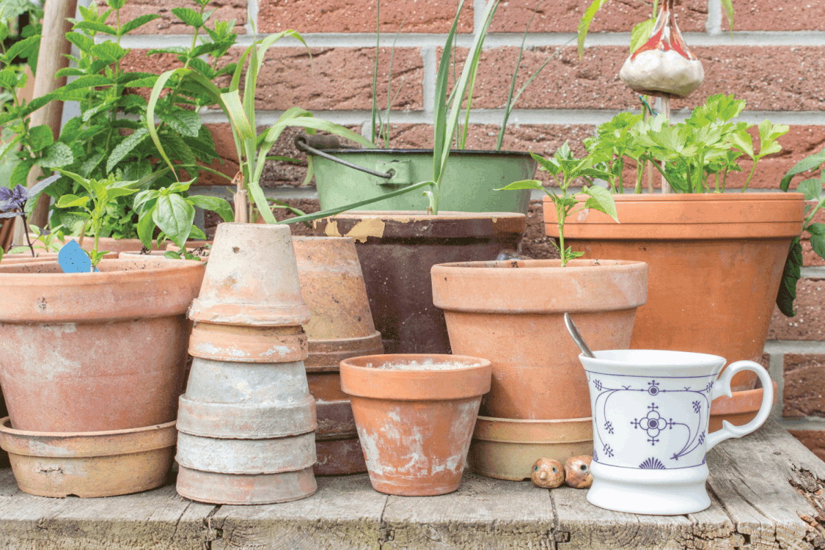 empty terra cota pots on a table in the garden
