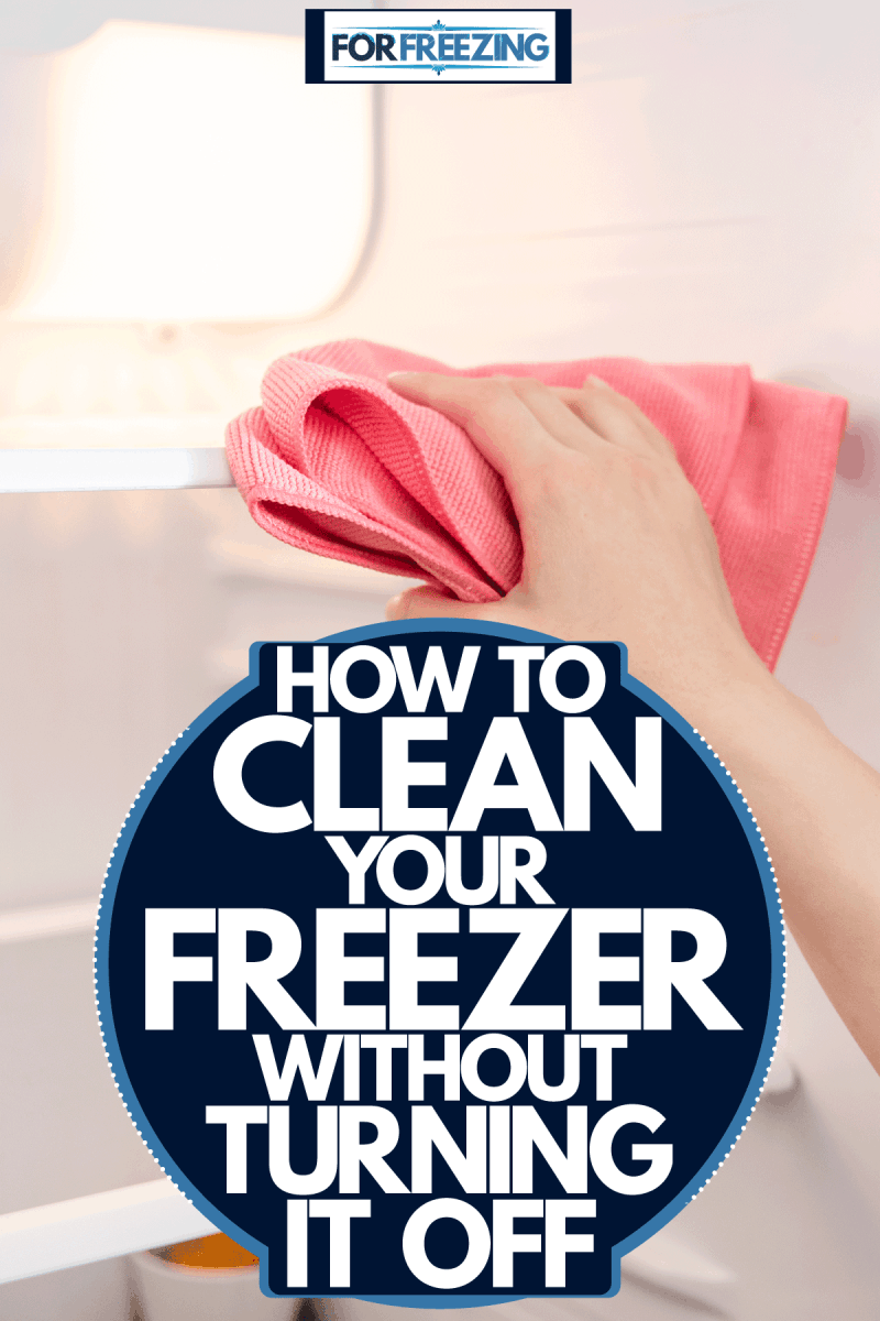 A woman using a red cloth to clean the freezer, How To Clean Your Freezer Without Turning It Off