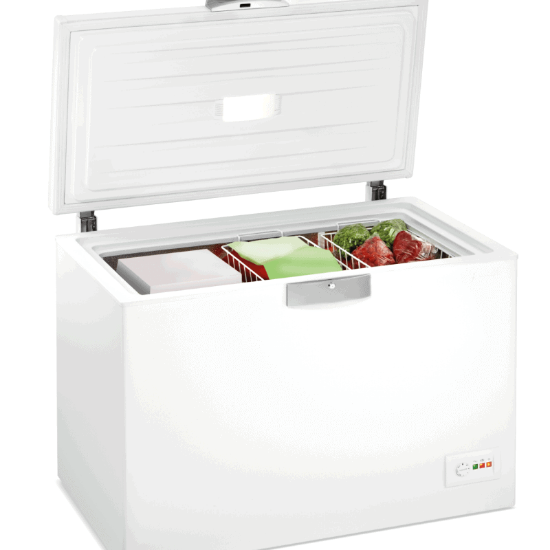 white open deep chest freezer with goods inside