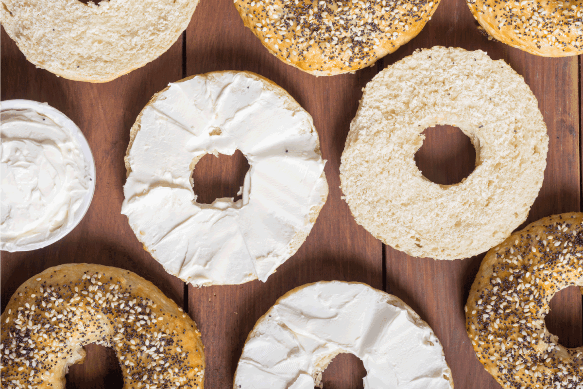Healthy homemade bagels with cream cheese . Food background
