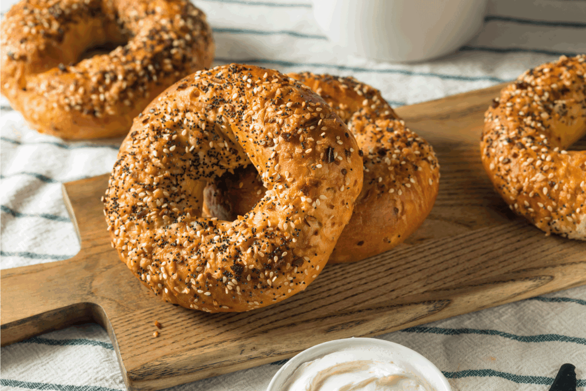 Homemade Toasted Everything New York Bagel with Cream Cheese. How To Defrost A Bagel In An Air Fryer