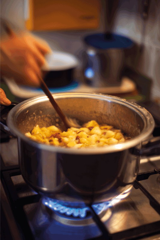 Mature Woman reheating Apple Puree on Stove in Home Kitchen
