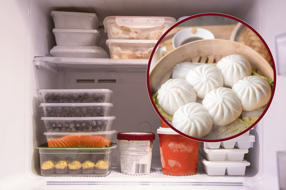 A collaged photo of a freezer and freezing bao buns inside