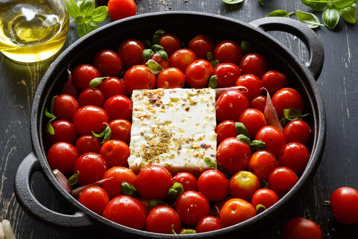 Trending Feta pasta with cherry tomatoes and herbs