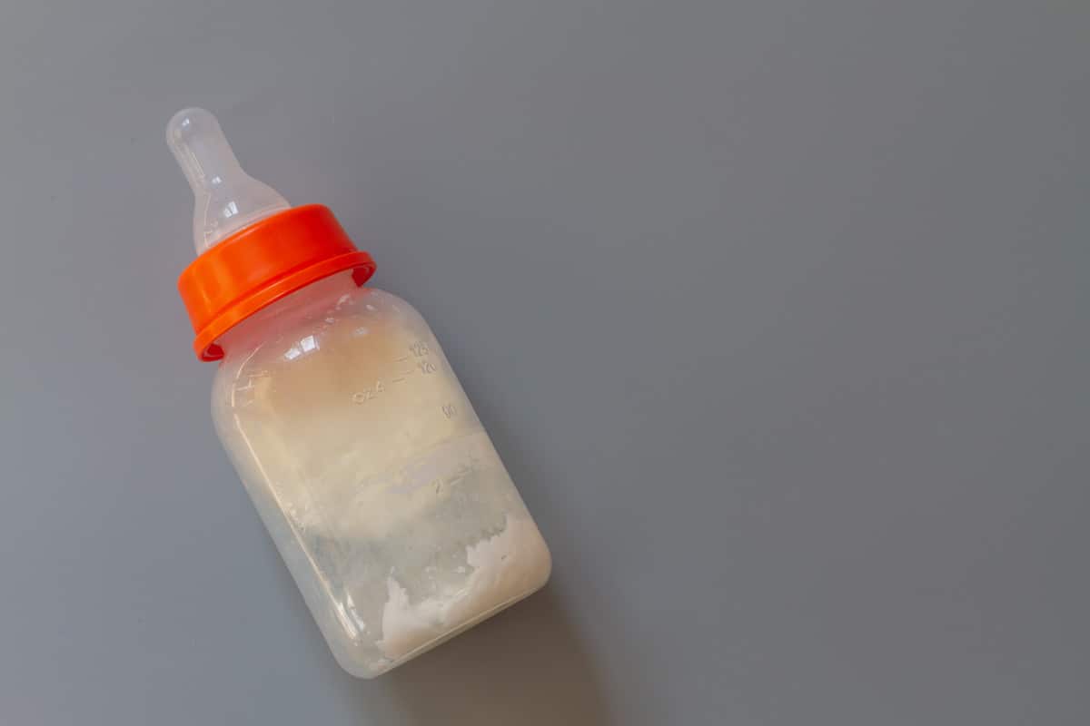 A bottle with a pacifier for feeding a baby with sour milk on a gray background.