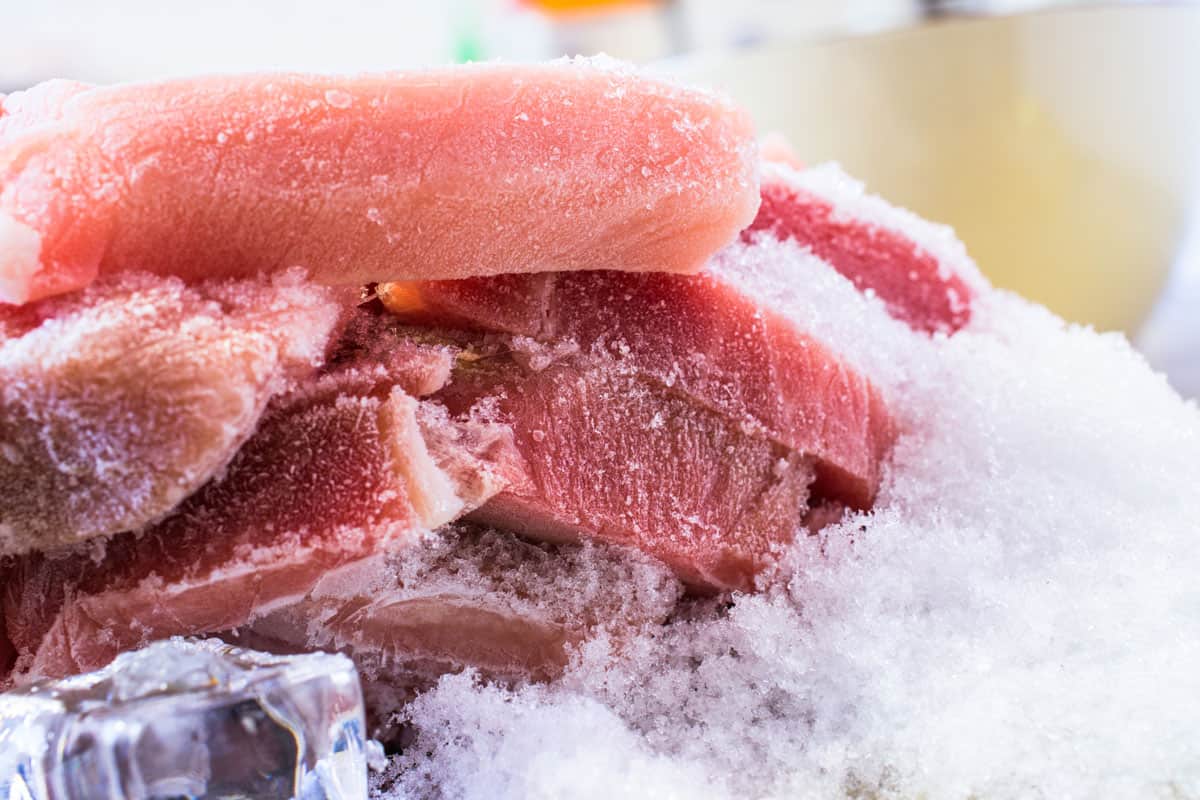 Frozen meat pork slices with hoarfrost