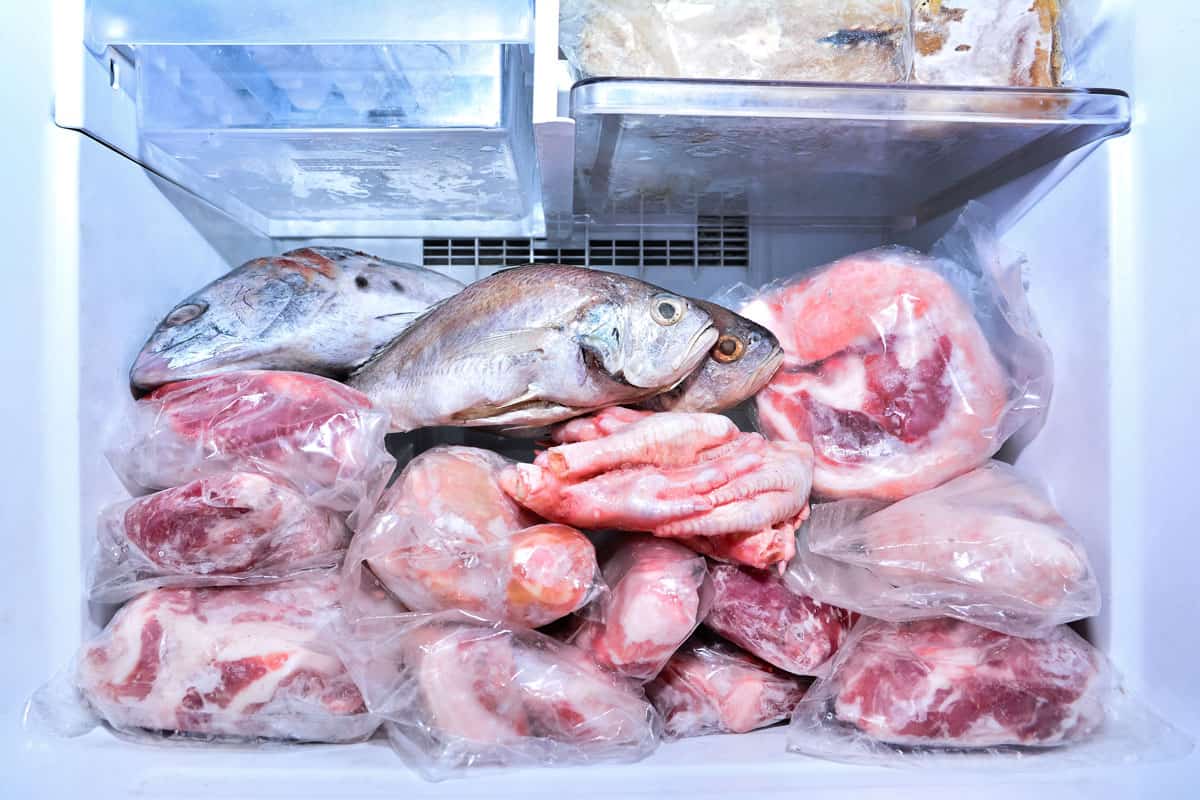 Meat in refrigerator freezer background. Closeup pork, fish, meat and chicken leg in freezing compartment