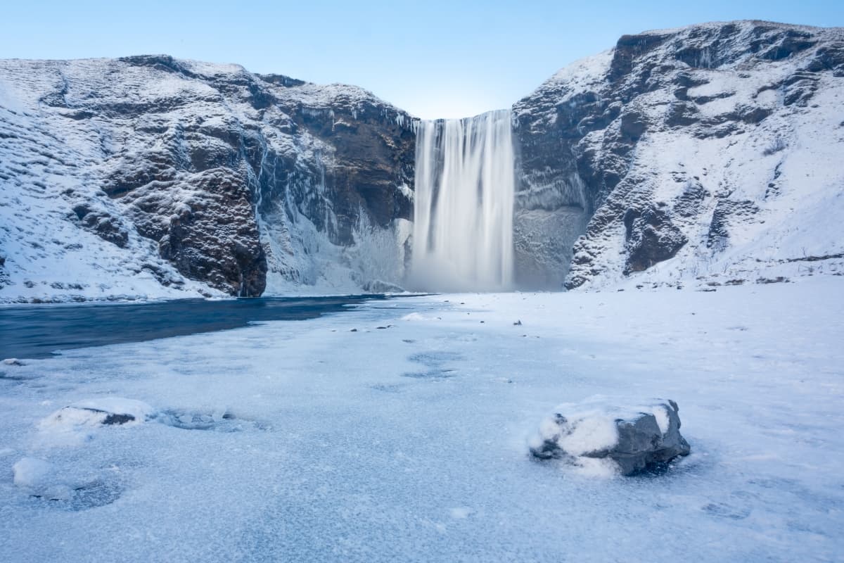 Skógafoss Waterfall in Iceland Winter Snow
