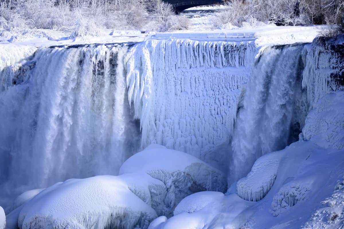 Super cold waterfall with ice formations surrounding it